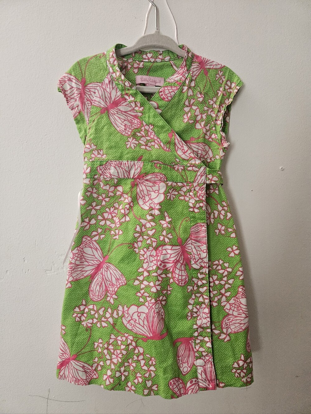 Lilly Pulitzer Girls Green and Pink Butterfly Wrap Dress 3T